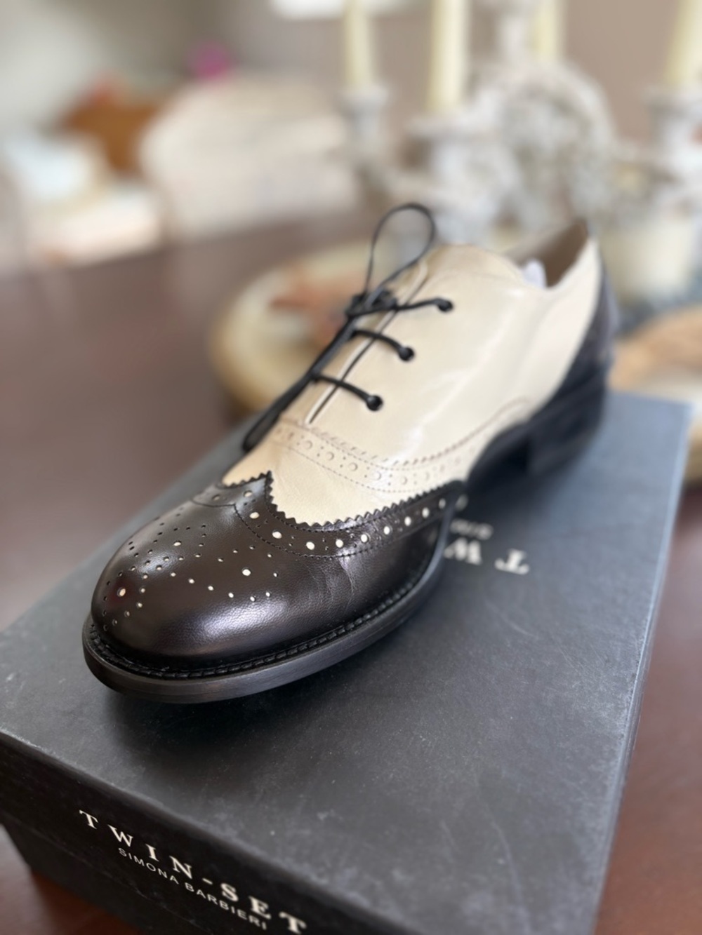 Twin-Set Black and Cream Wingtip Brogue Derby